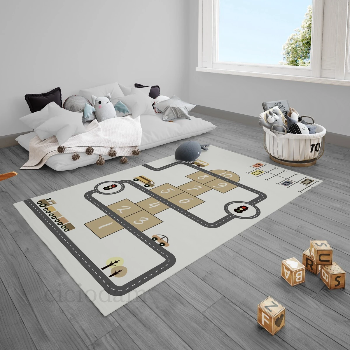 Kahverengi Araba Tren Kamyon Seksek ve Araba Yol Çocuk Halısı