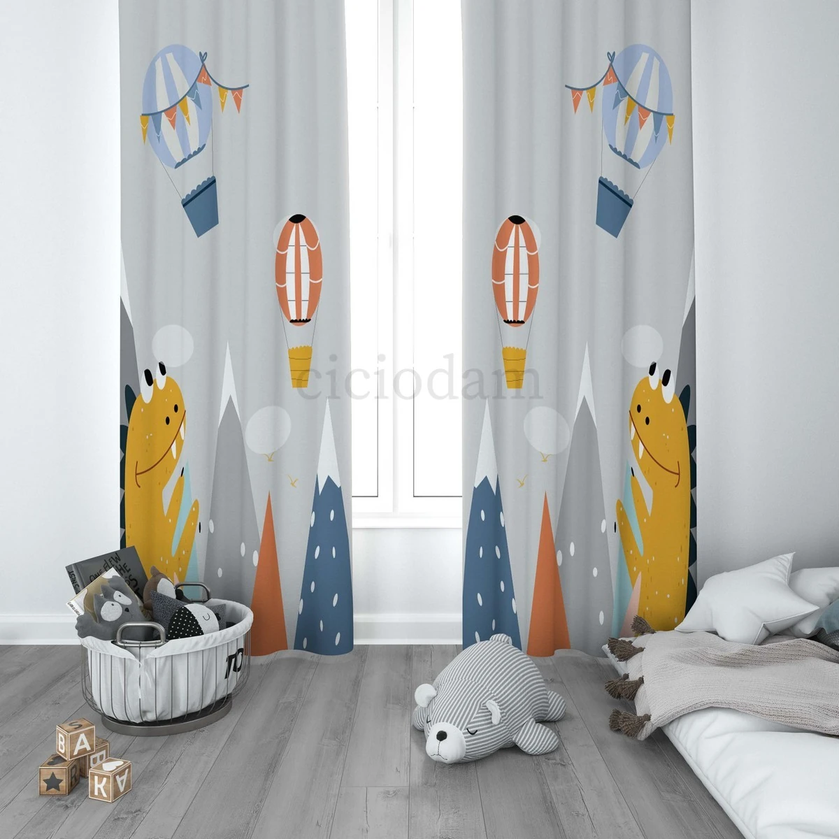 İskandinav Dağlar ve Uçan Balonlar Dinozorlu Çocuk Odası Perdesi