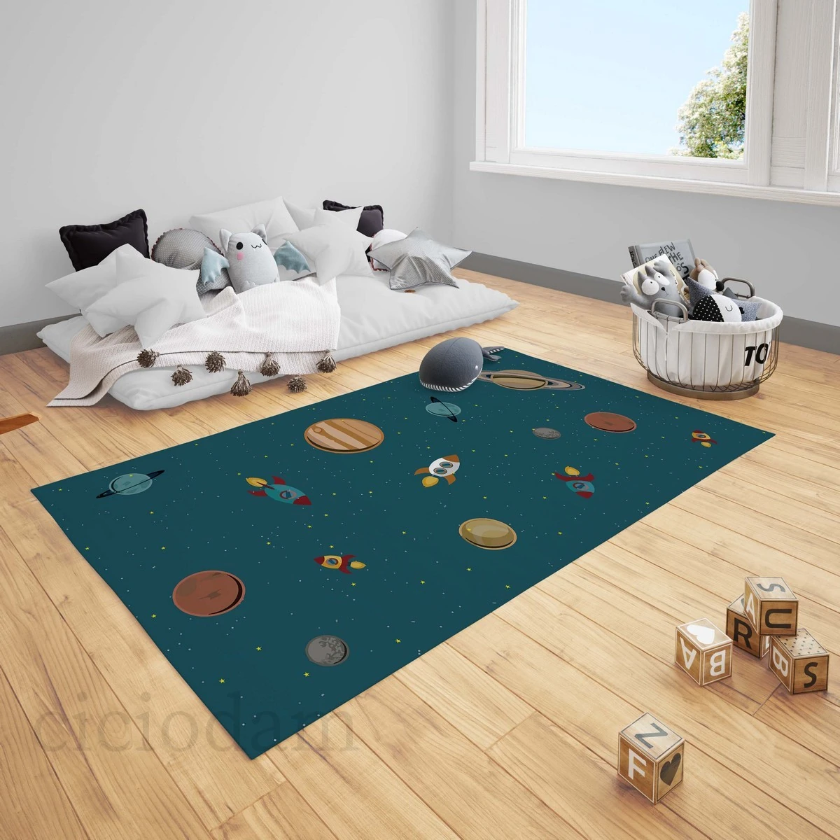 Roket Gezegenler ve Yıldızlar Uzay Çocuk Halısı