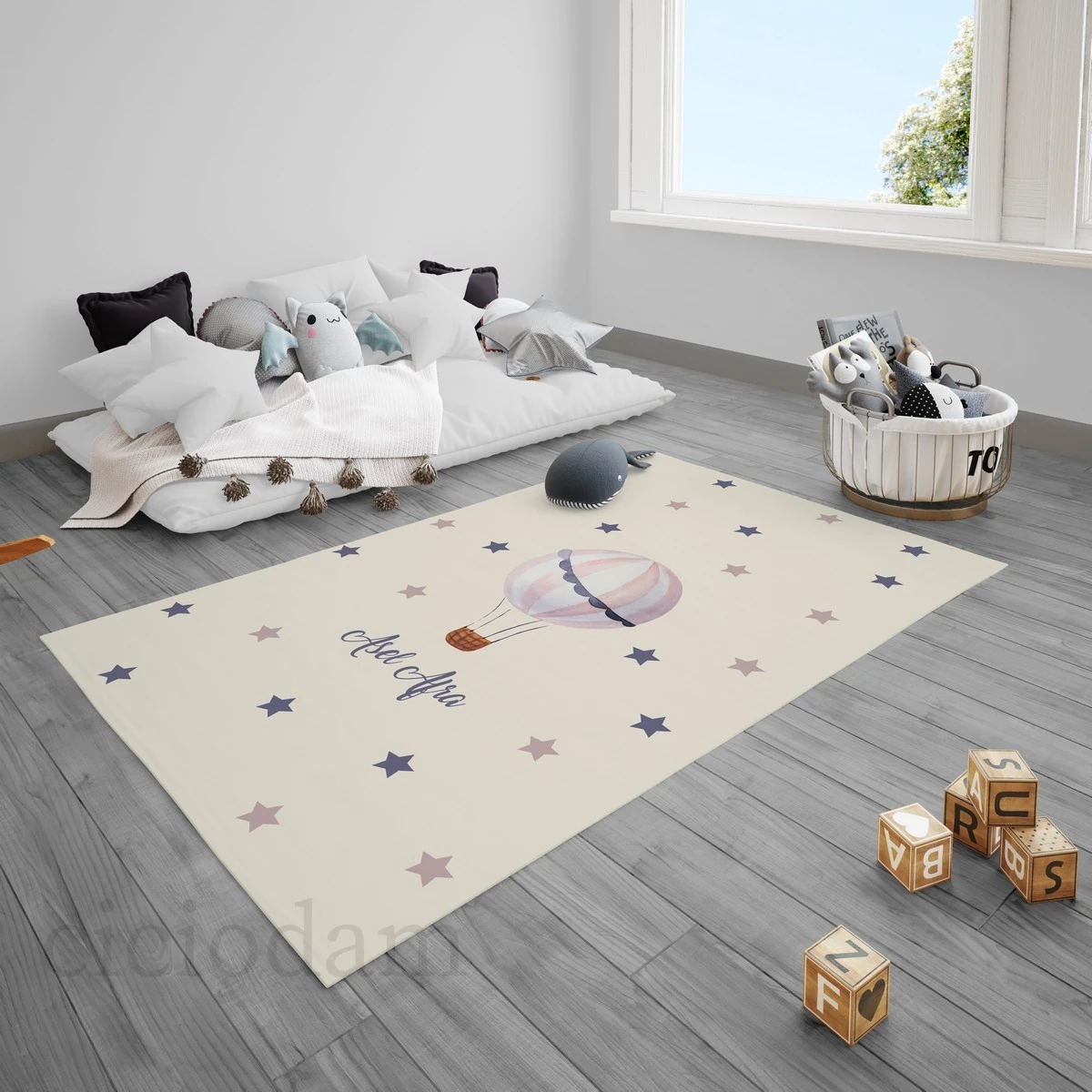 Uçan Balon Çiçekler ve Yıldızlar Çocuk Halısı