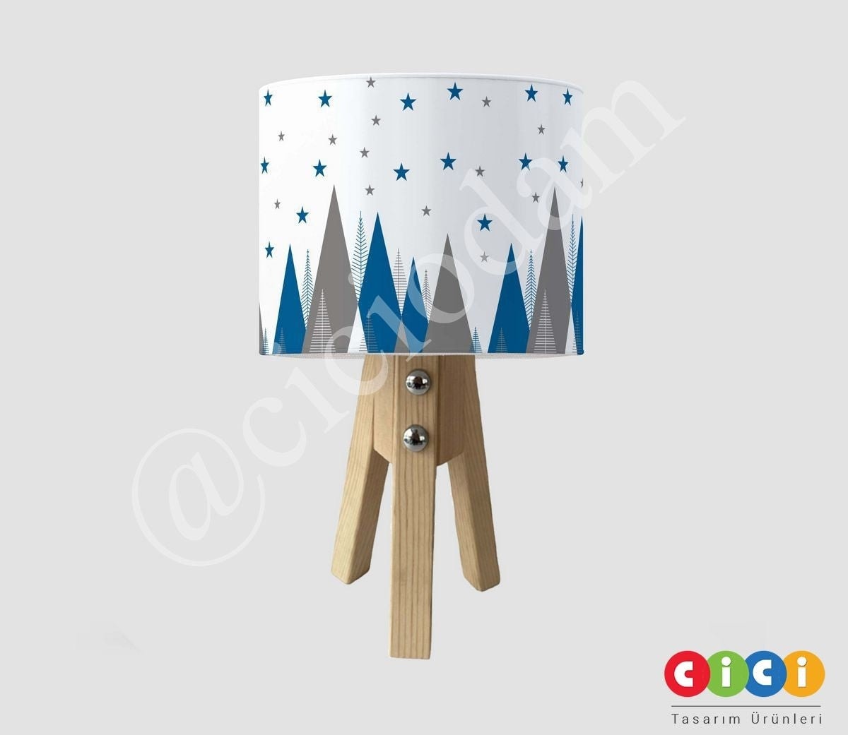 Gri Lacivert İskandinav Dağlar ve Ay Çocuk Odası Abajur