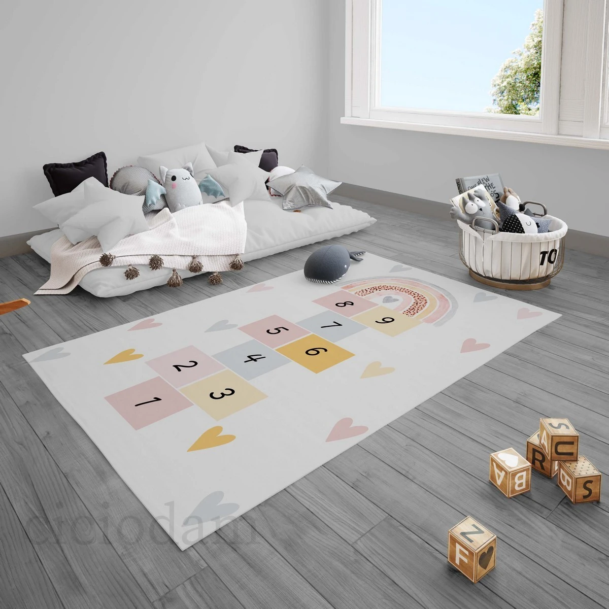 Gökkuşağı Kalpler ve Seksek Çocuk Halısı