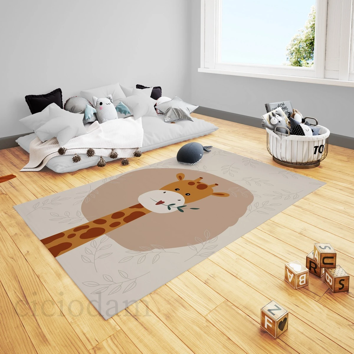 Zürafa ve Yeşil Dal Yapraklar Çocuk Halısı