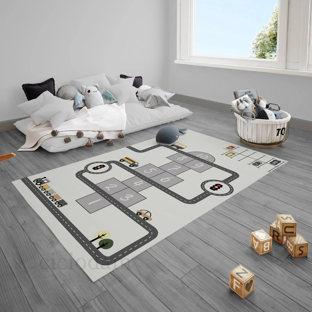 Gri Araba Tren Kamyon Seksek ve Araba Yol Çocuk Halısı