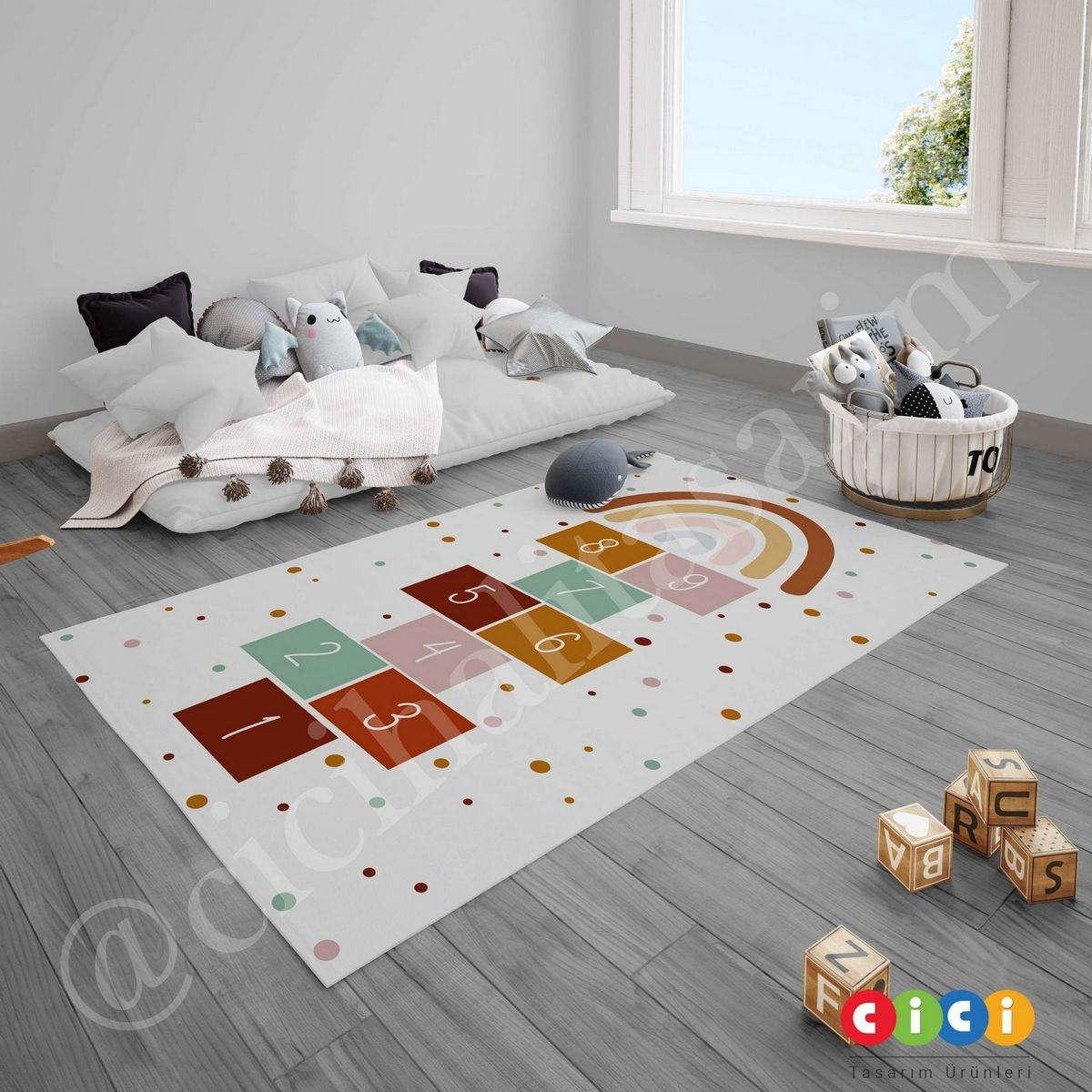 Renkli Gökkuşağı Seksek ve Puantiyeler Çocuk Halısı