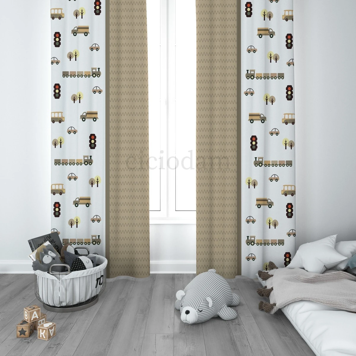 Kahverengi Araba Tren Kamyon ve Araba Yol Çocuk Odası Perdesi