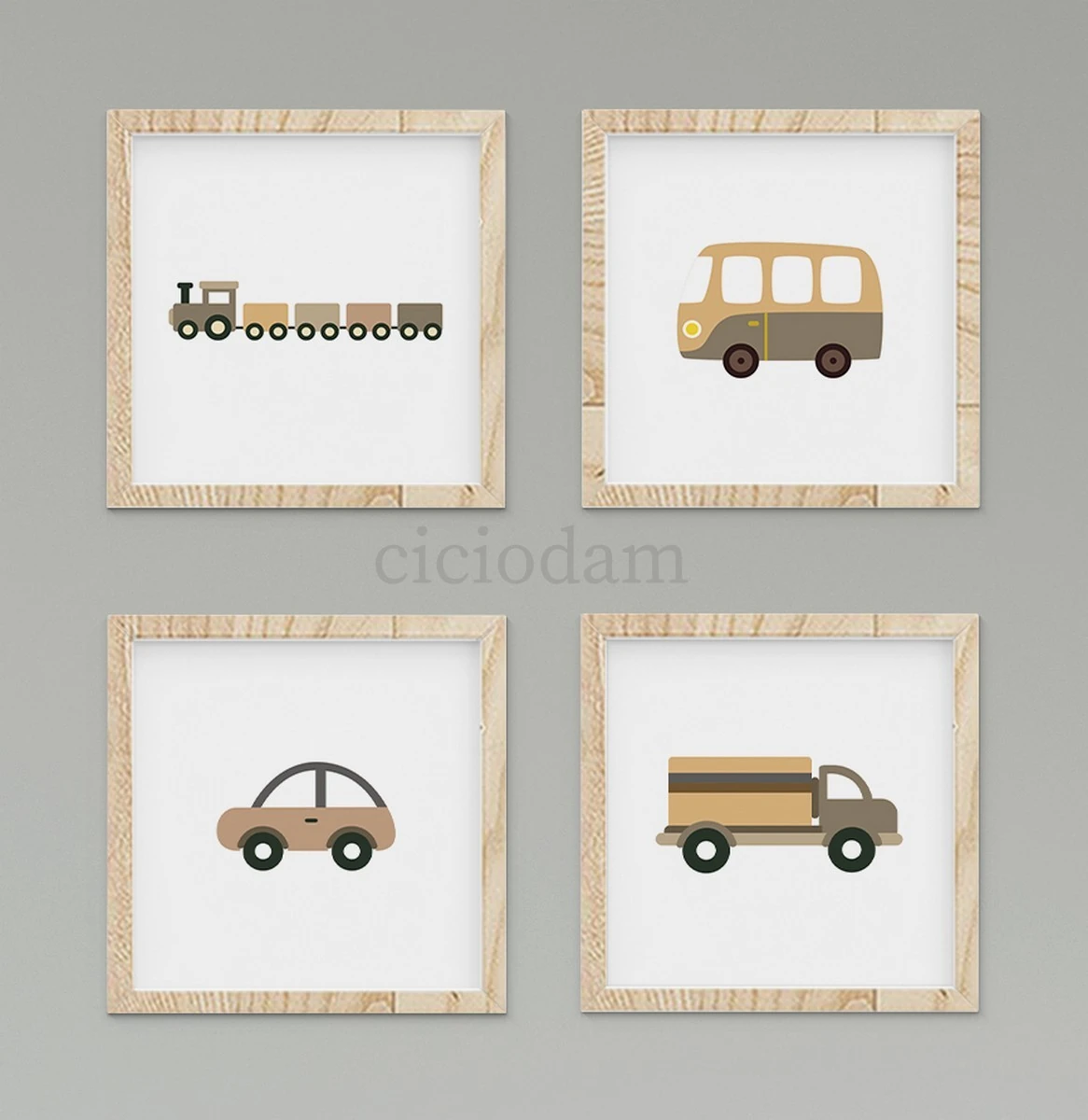 Kahverengi Araba Tren Kamyon ve Araba Yol Duvar Tablo