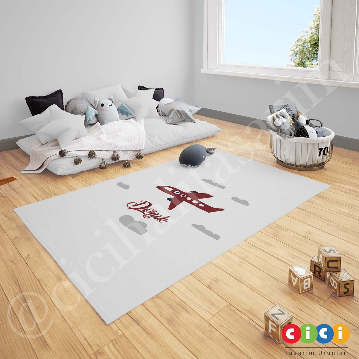 Lacivert Kırmızı Uçaklar Bulut Çocuk Halısı