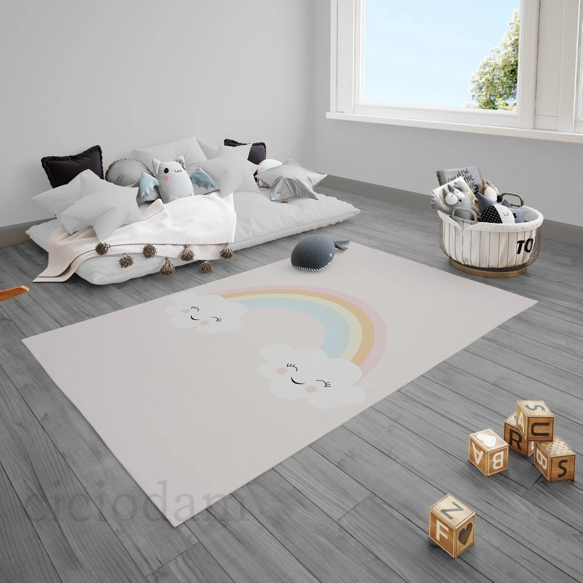 Pembe Gülen Bulut Gökkuşağı Çocuk Halısı