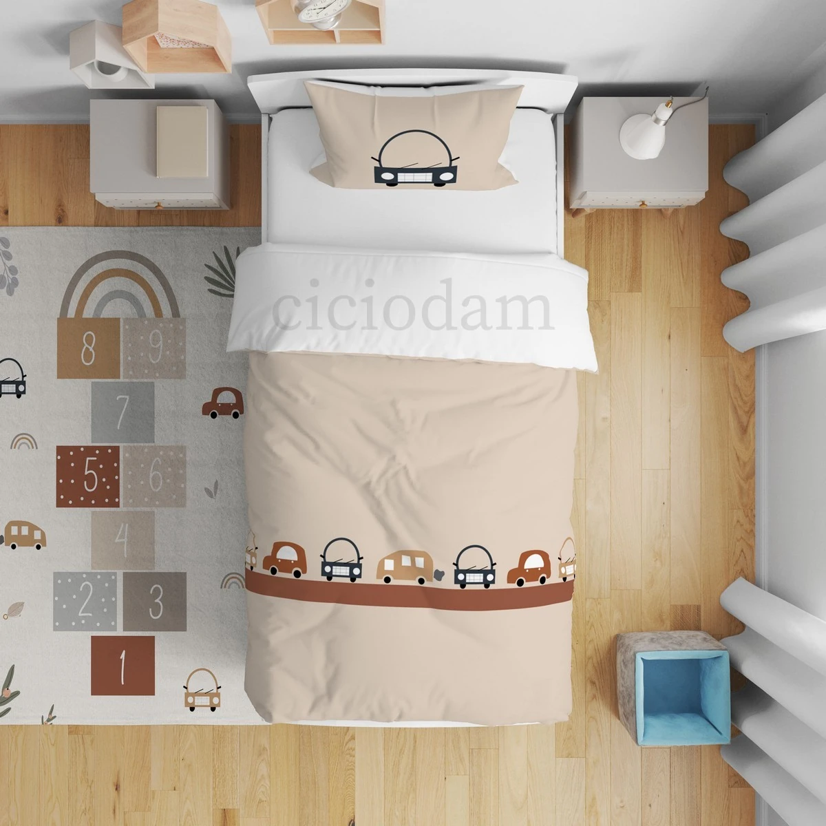 Renkli Arabalar Gökkuşağı Ve Dubalar Nevresim