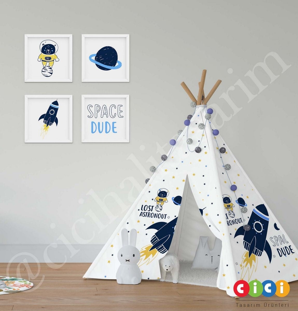 Space Roket Astronot Ayıcık ve Gezegenler Uzay 360 Oyun Çadırı