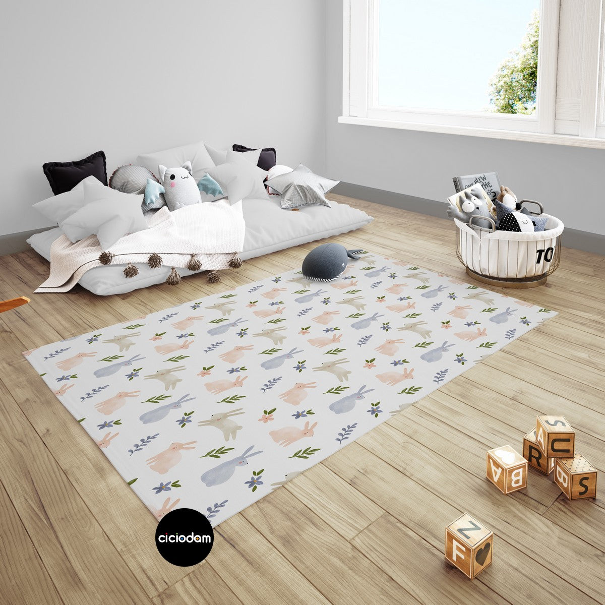 Rengarenk Sevimli Tavşanlı Çiçekli Çocuk Odası Halısı 5125-2