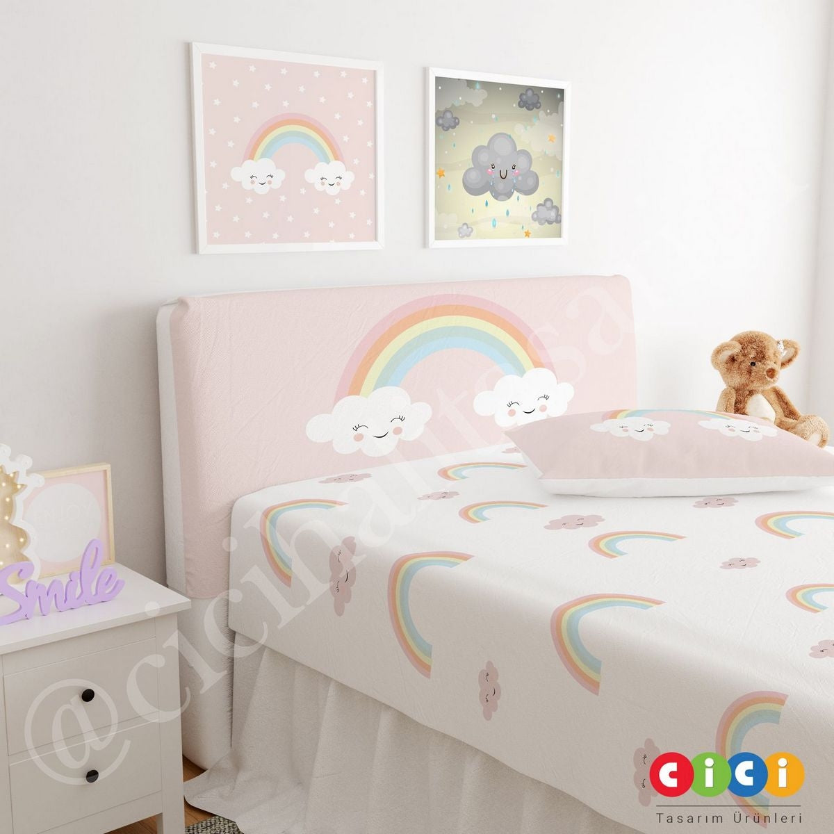 Pembe Gülen Bulut Gökkuşağı Başlık Kılıfı