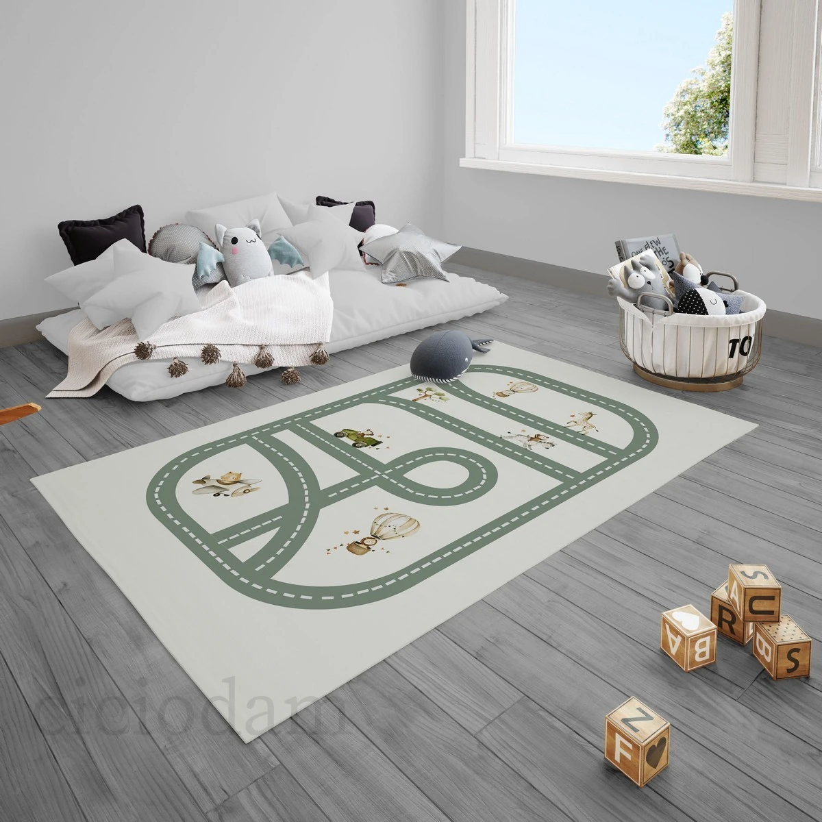 Zürafalı Maymunlu Zebralı Uçan Balonlu Ve Yeşil Araba Yollu Çocuk Halısı