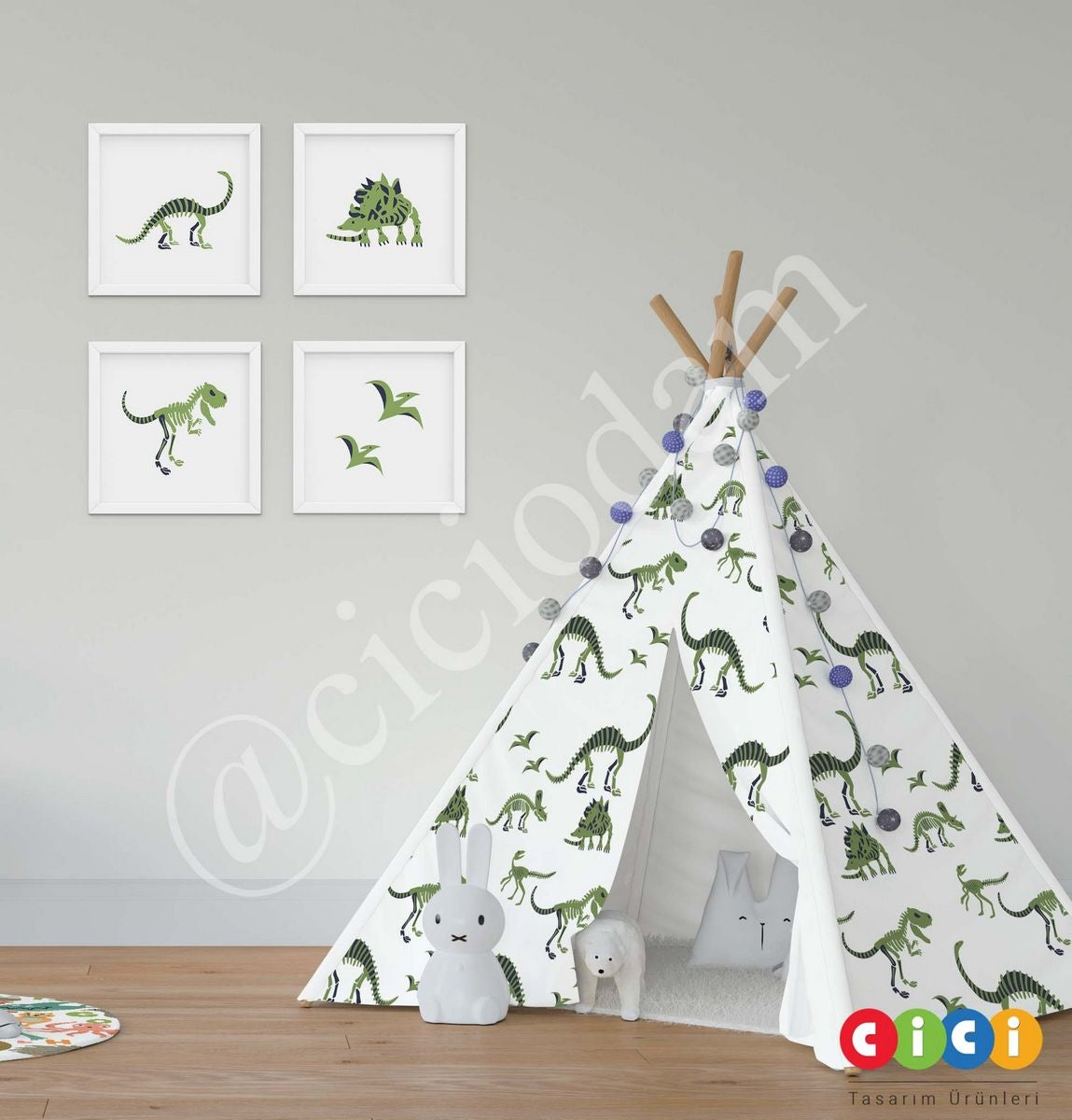 Yeşil Dinozorlar ve Ayak İzleri Oyun Çadırı