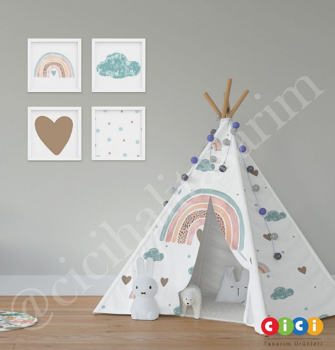 Gökkuşağı Bulutlar Kalp ve Puantiyeler Oyun Çadırı