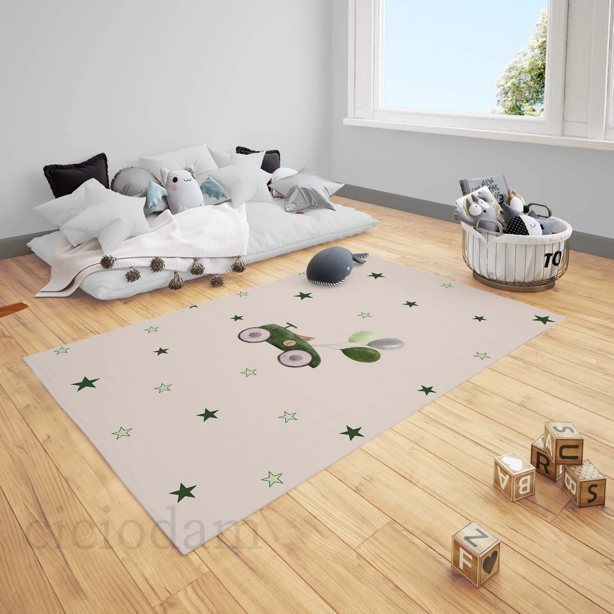 Yeşil Tahta Araba Balon ve Yıldızlar Çocuk Halısı