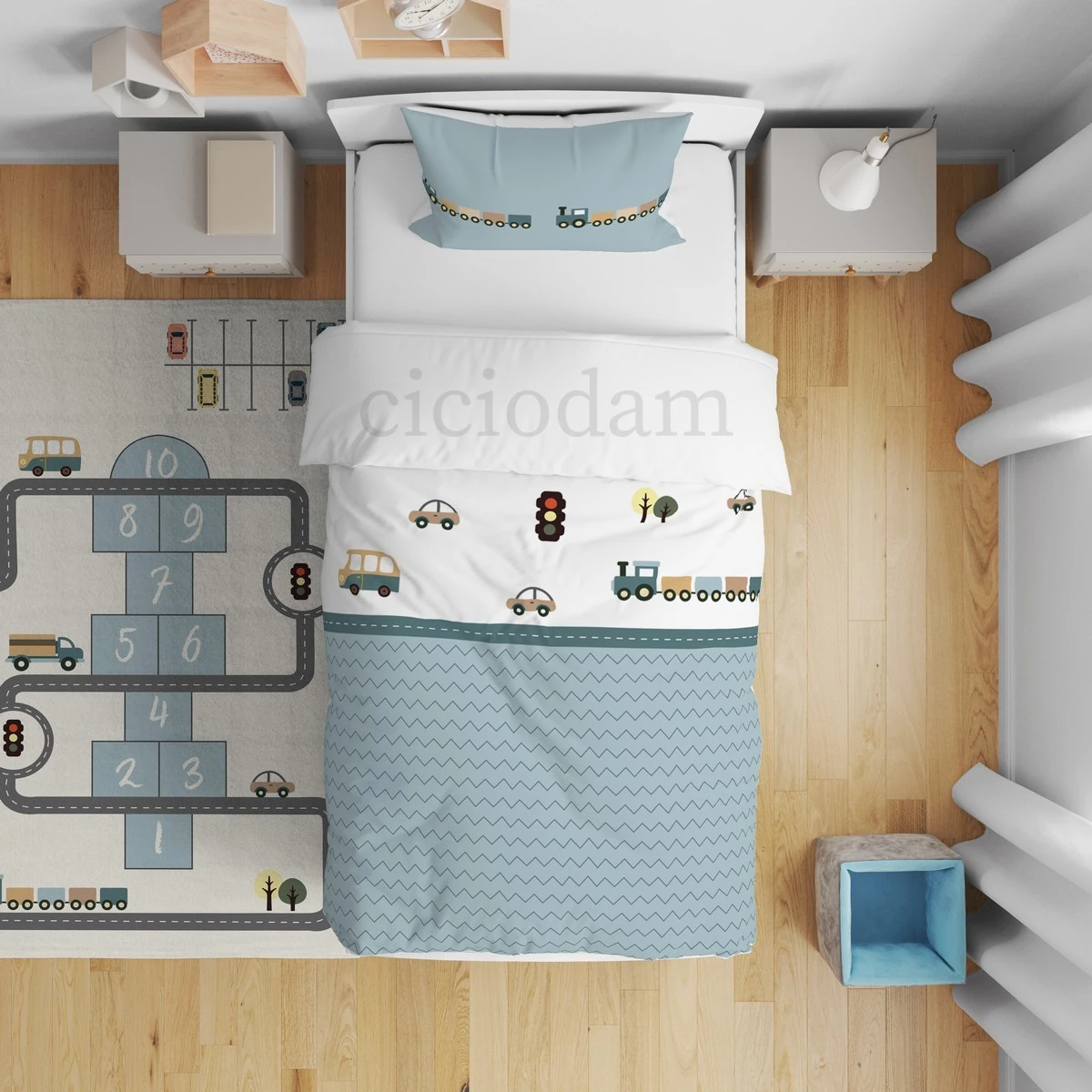 Mavi  Araba Tren Kamyon ve Araba Yol Nevresim