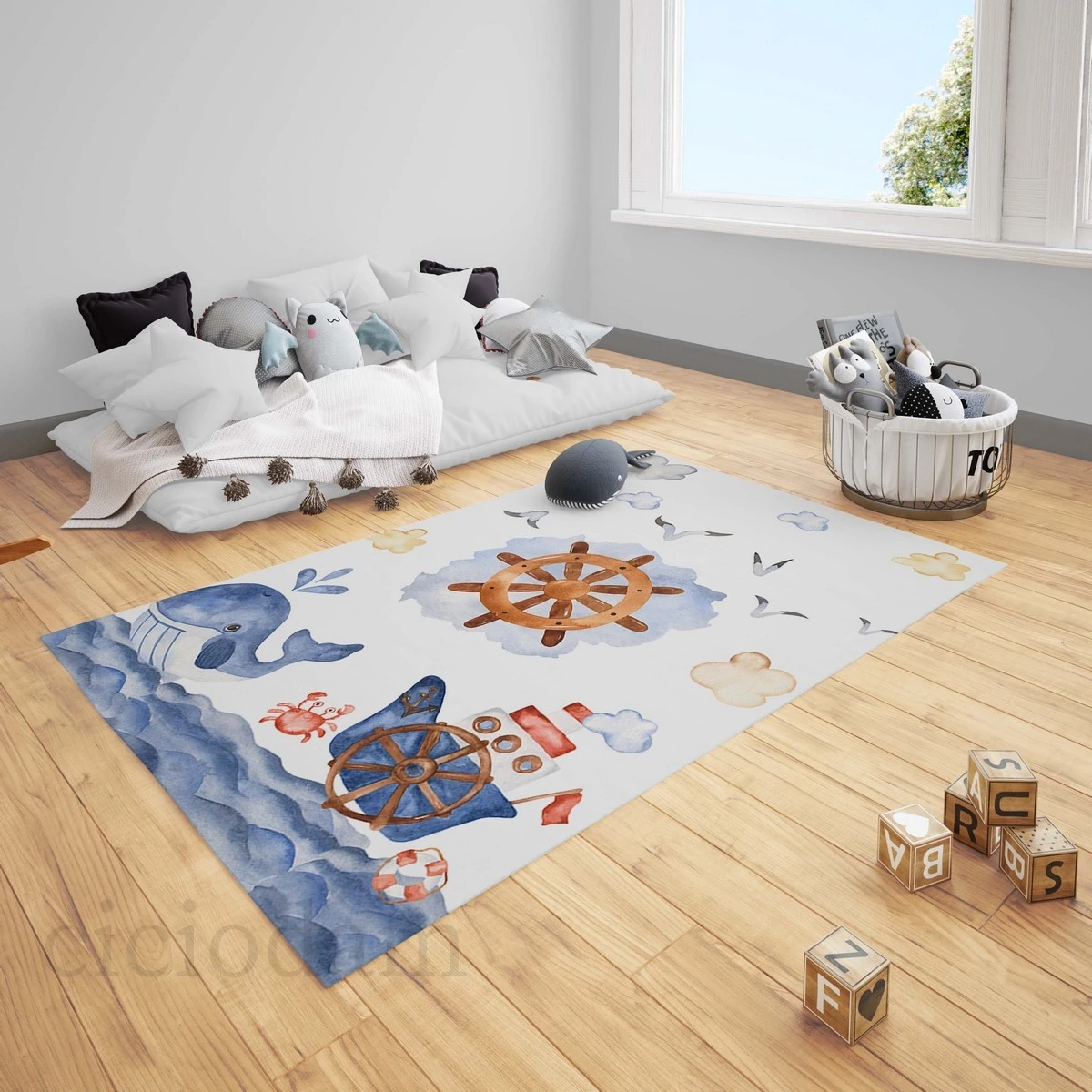 Çapa Dümen Balina Gemi Denizci Temalı Çocuk Halısı