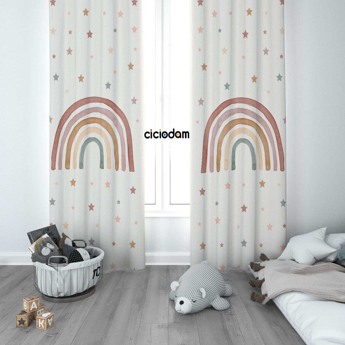 Sulu Boyalı Yıldızlı Gökkuşağı Çocuk Odası Perdesi 4224