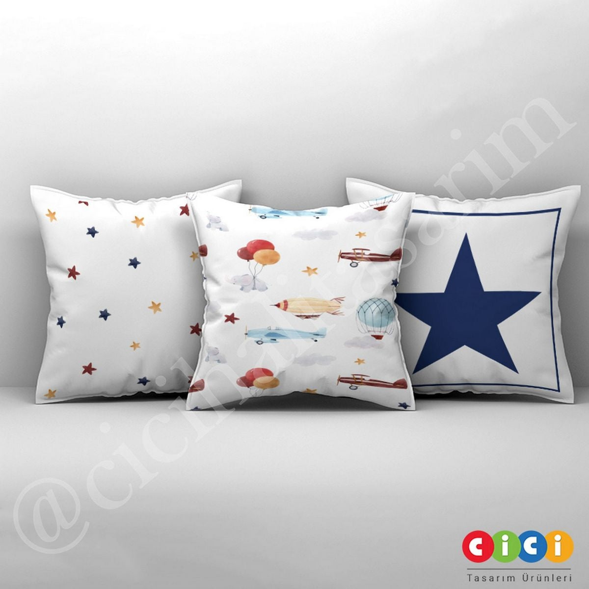 Tahta Planör Evler Bulutlar Yıldız ve Kuşlar 364 Kırlent Kılıfı