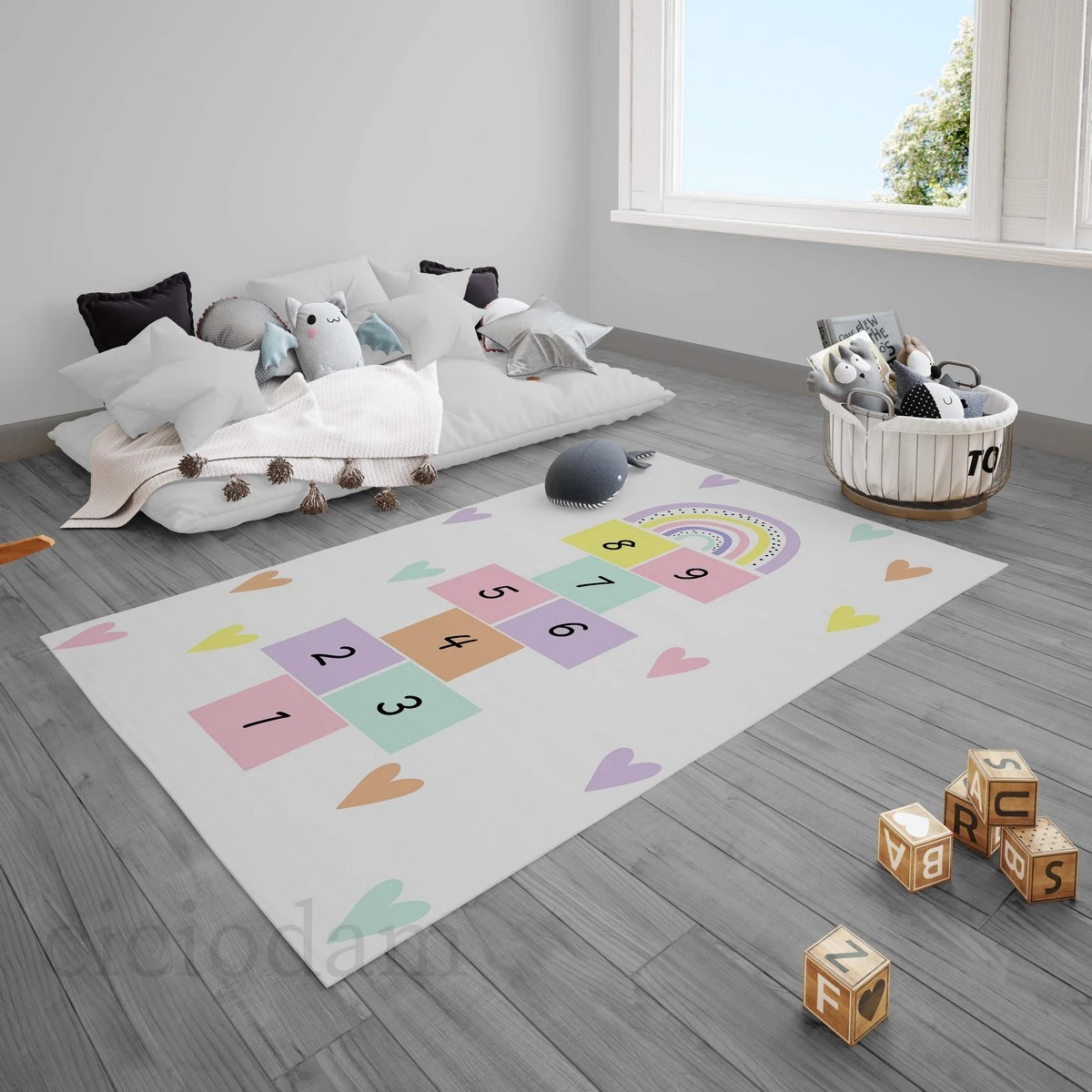 Renkli Gökkuşağı Seksek Oyun Çocuk Halısı