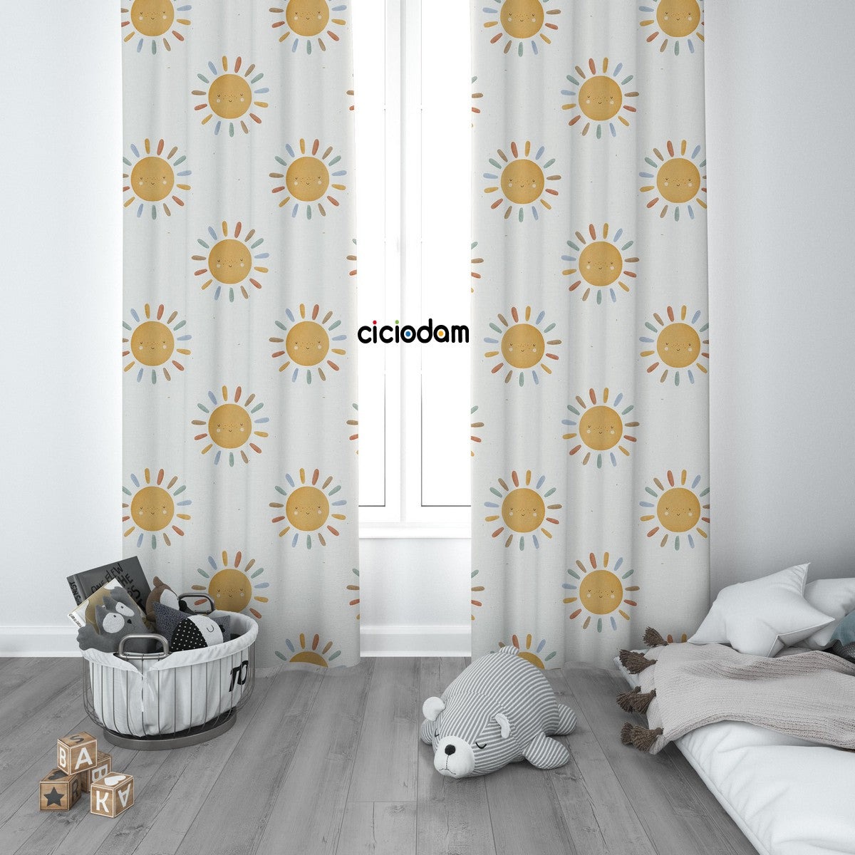 Sulu Boya Sevimli Güneş Çocuk Odası Perdesi 4227