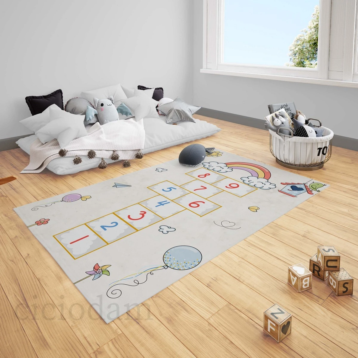 Gökkuşağı Bulut Kuş Güneş ve Seksek Oyun Çocuk Halısı