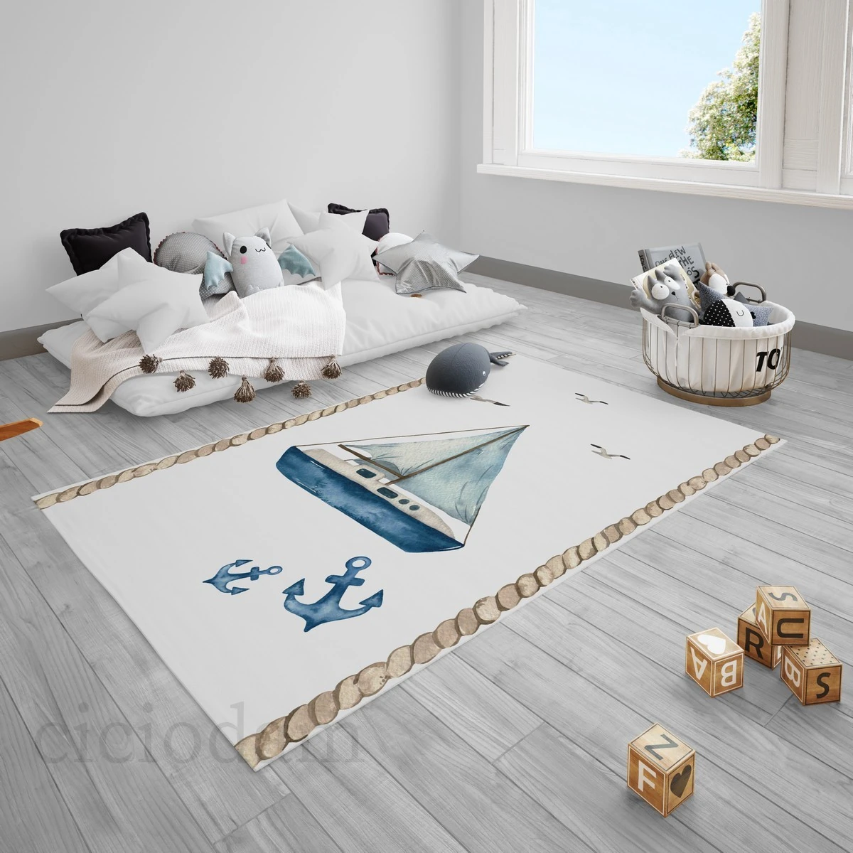 Denizci Çapa Desenli Mavi Yelkenli Çocuk Halısı