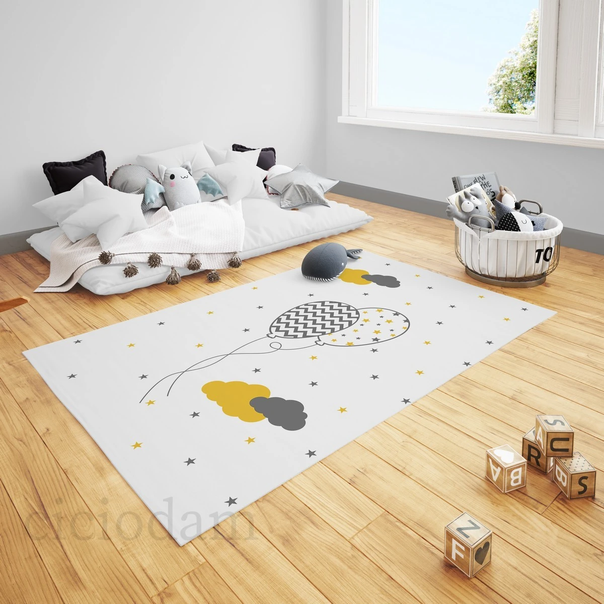 Sarı Gri Balon Bulut ve Yıldızlar Çocuk Halısı