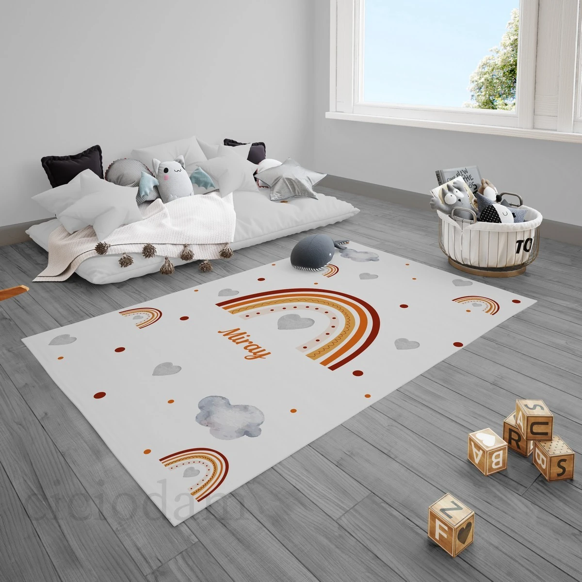 Gökkuşağı Bulutlar Kalpler ve Puantiyeler Çocuk Halısı