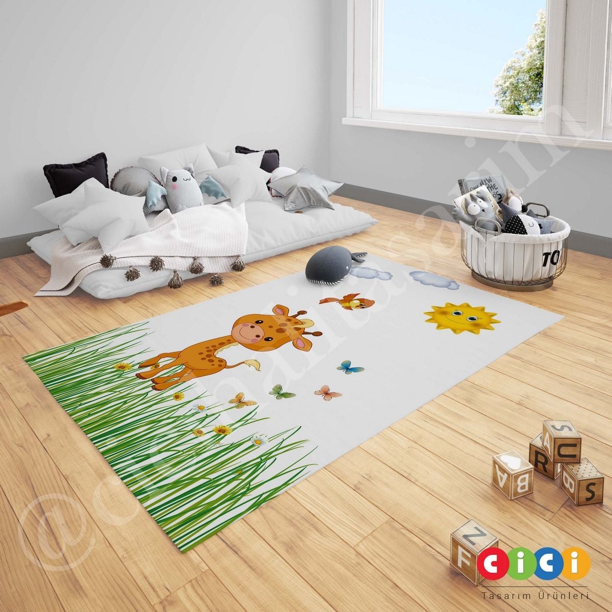 Kuş Kelebekler Bulutlar Güneş ve Zürafa Çocuk Halısı