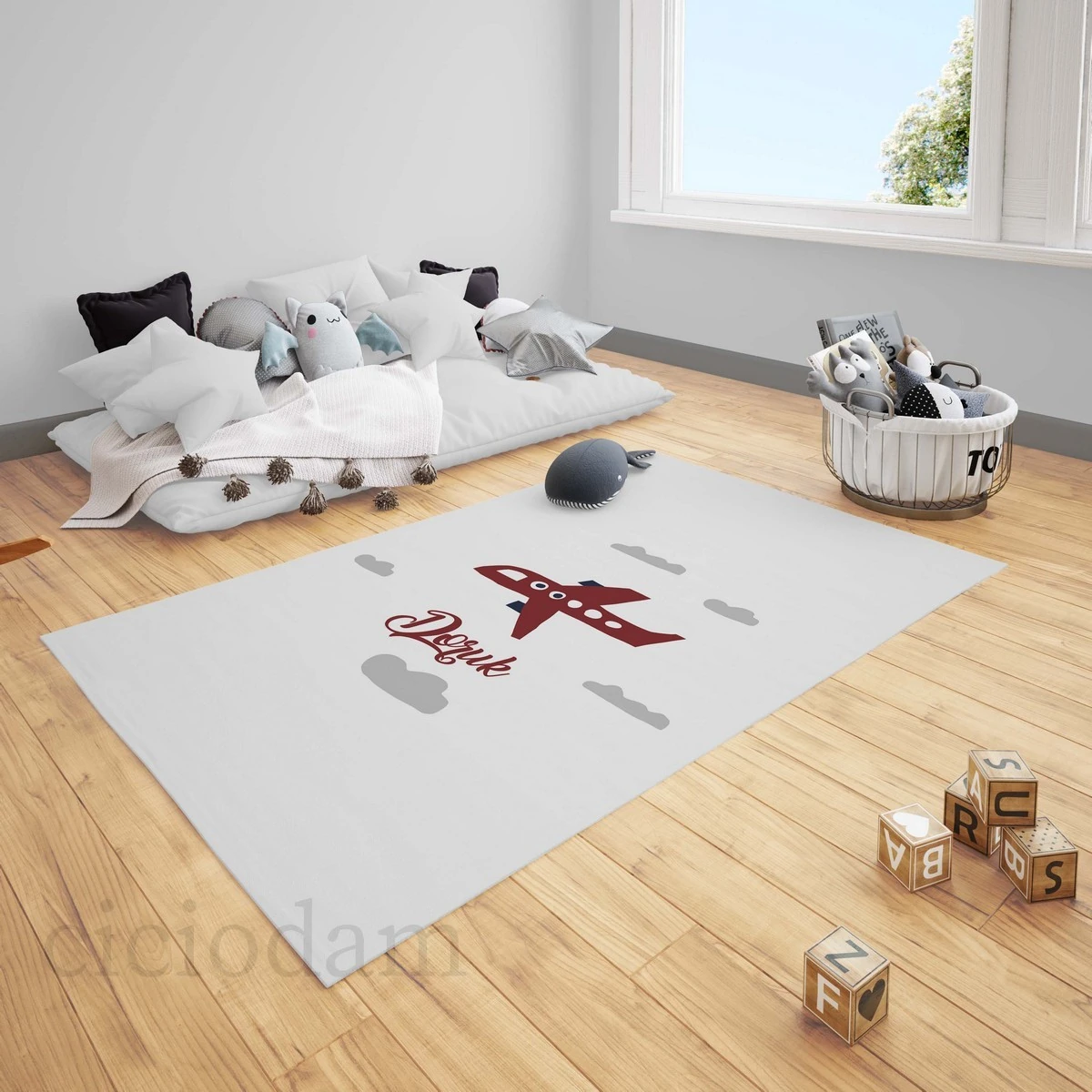 Lacivert Kırmızı Uçaklar Bulut Çocuk Halısı