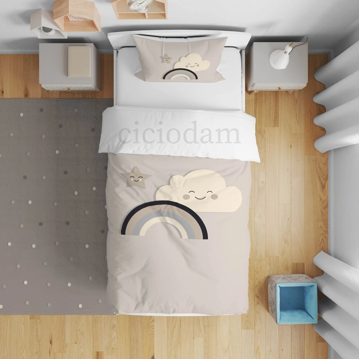 Gökkuşağı Ve Gülen Bulut Yıldız Yatak Örtüsü