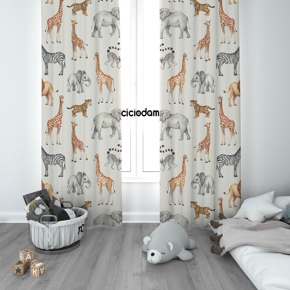 Zürafalı Aslanlı Filli Zebralı Hayvanlar Çocuk Odası Perdesi 4230