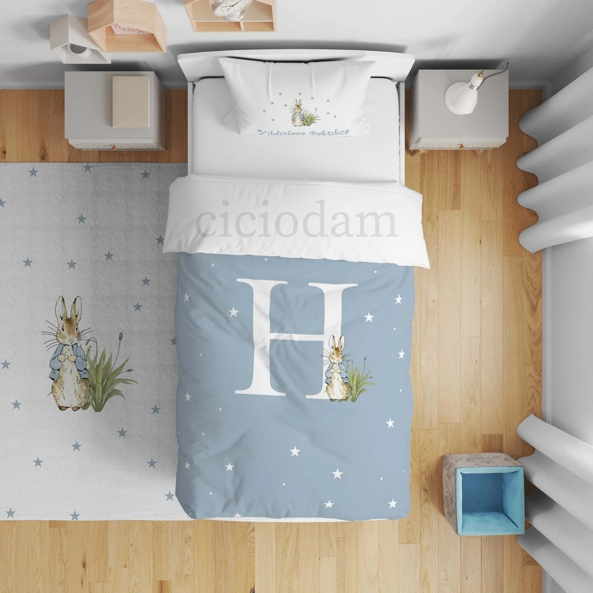 Havuçlu Tavşan Yıldızlar Harfli Yatak Örtüsü