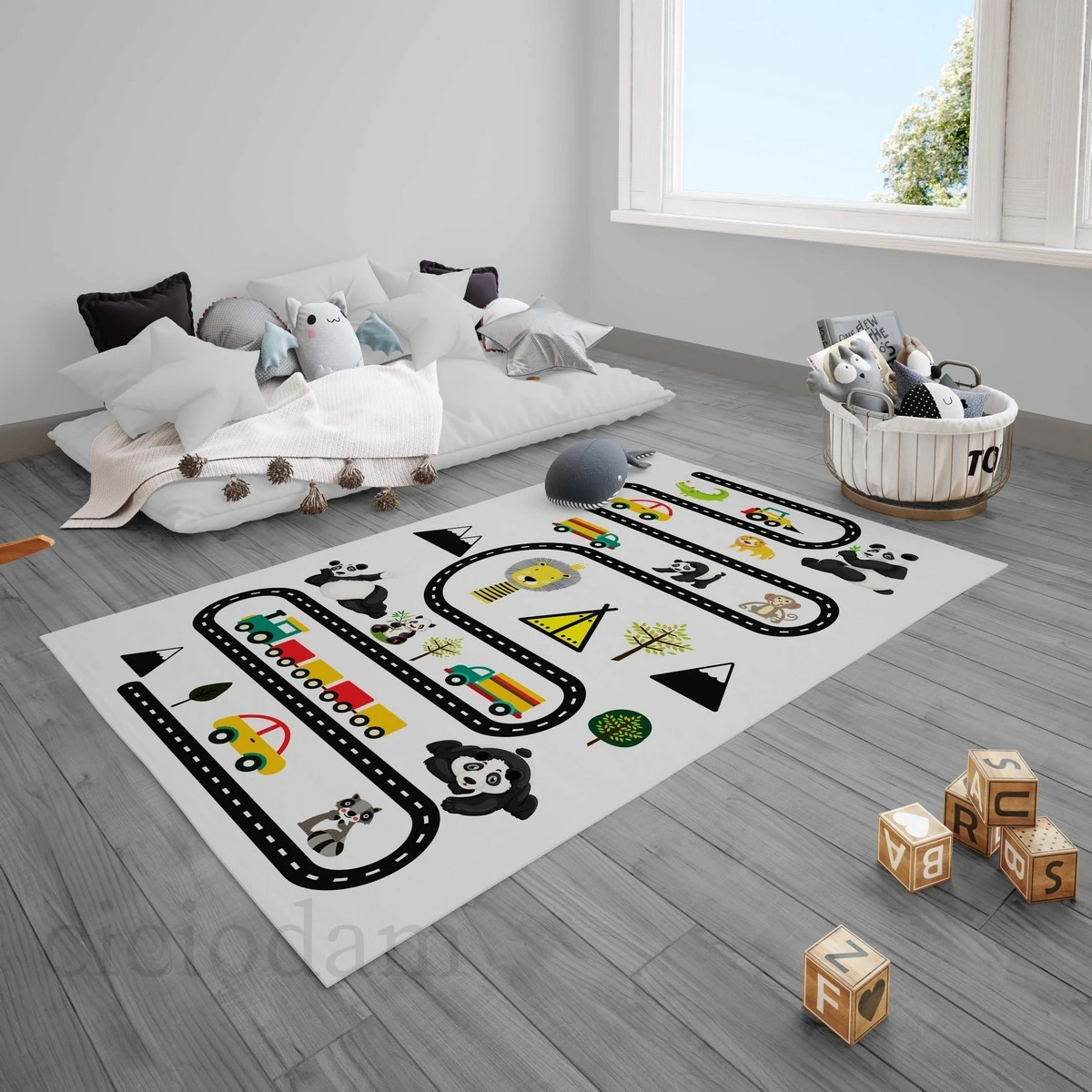 Hayvanlar Arabalar ve Yol Oyun Çocuk Halısı