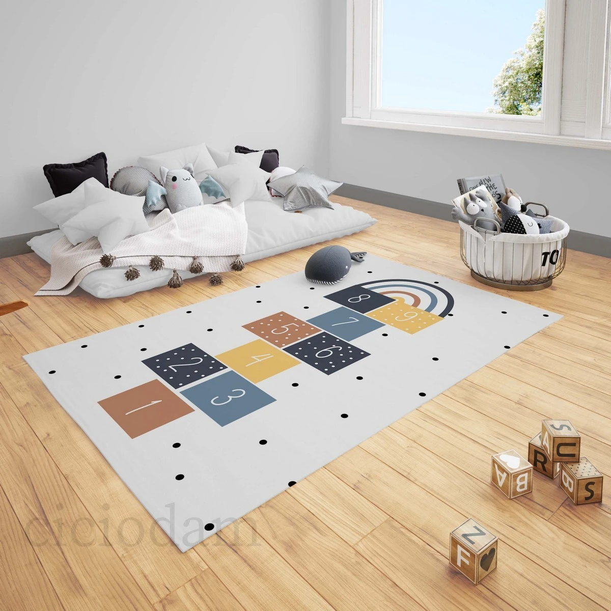 Gökkuşağı Puantiye Seksek Oyun Çocuk Halısı