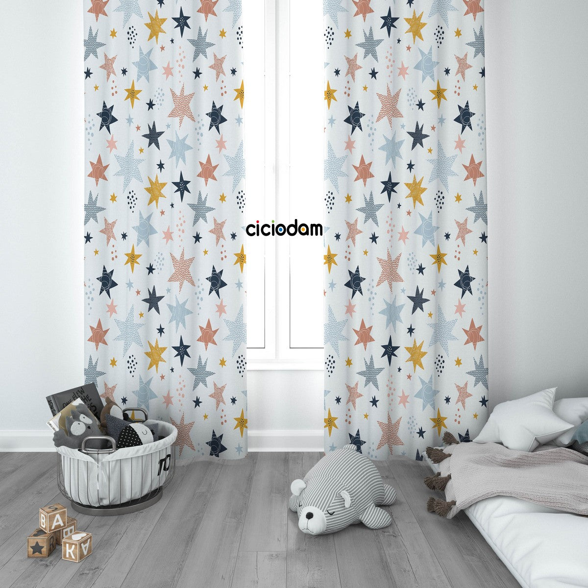 Rengarenk Serpme Yıldızlı Puantiyeli Çocuk Odası Perdesi 4228