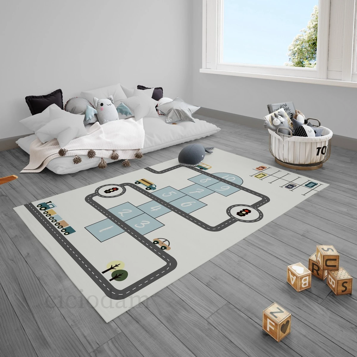 Mavi Araba Tren Kamyon Seksek ve Araba Yol Çocuk Halısı