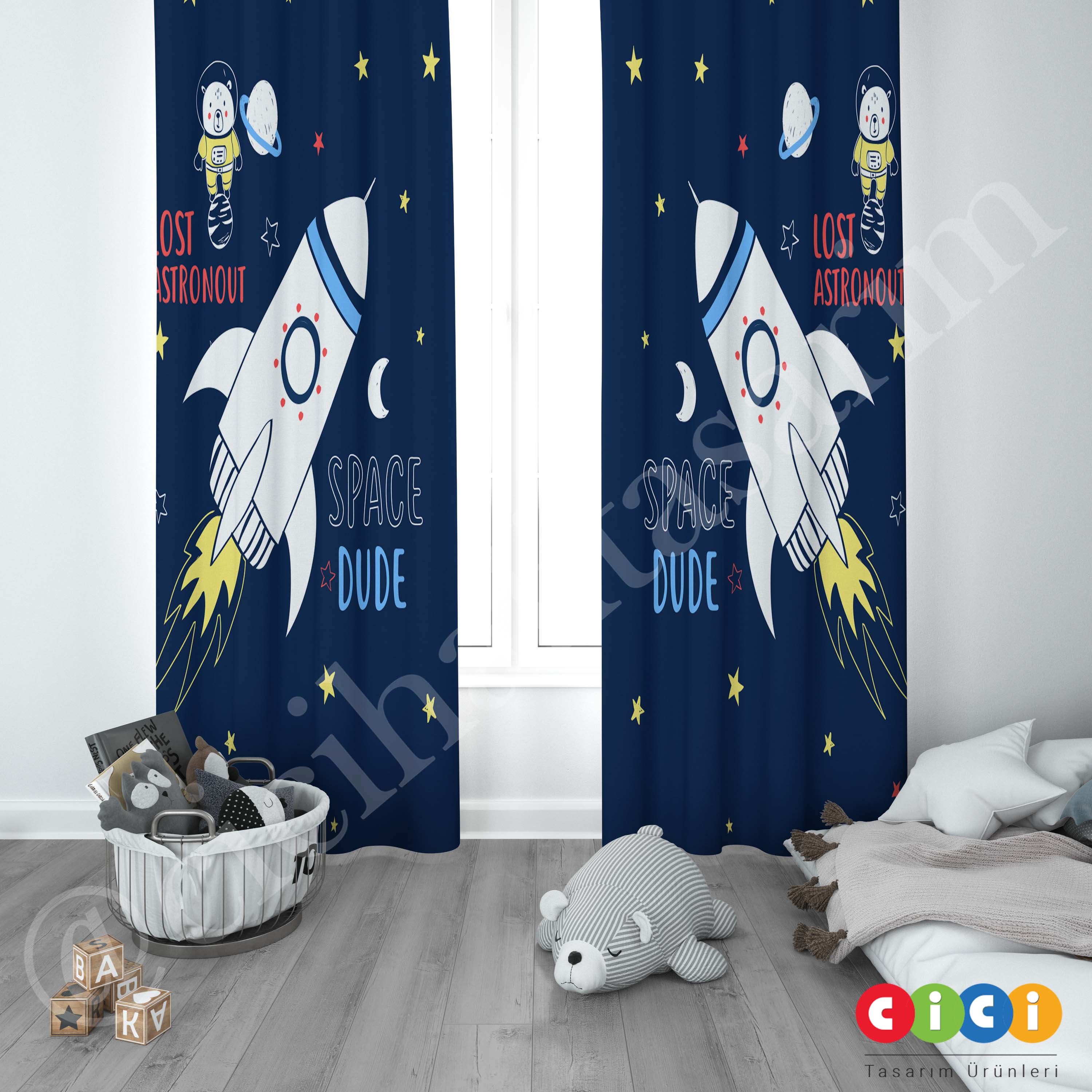 Space Roket Astronot Ayıcık ve Gezegenler Uzay 360 Çocuk Odası Perdesi