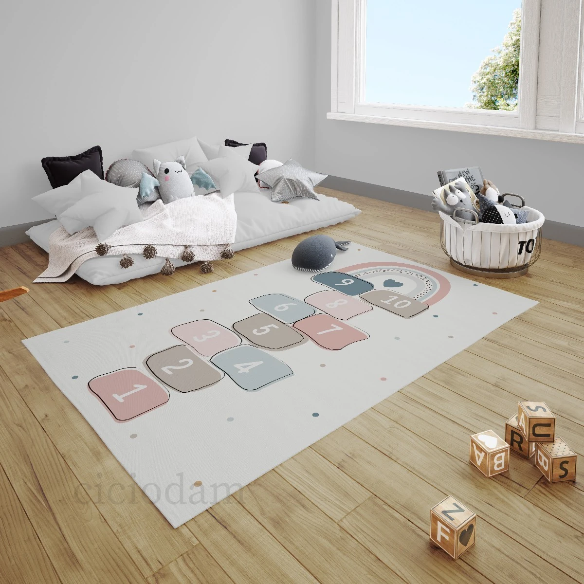 Pembe Mavi Gökkuşağı Seksek Puantiyeler Çocuk Halısı