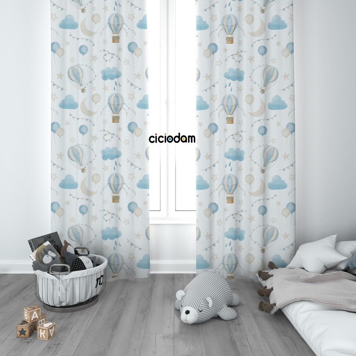 Mavi Uçan Balonlu Yıldızlı Bulutlu Çocuk Odası Perdesi 4219