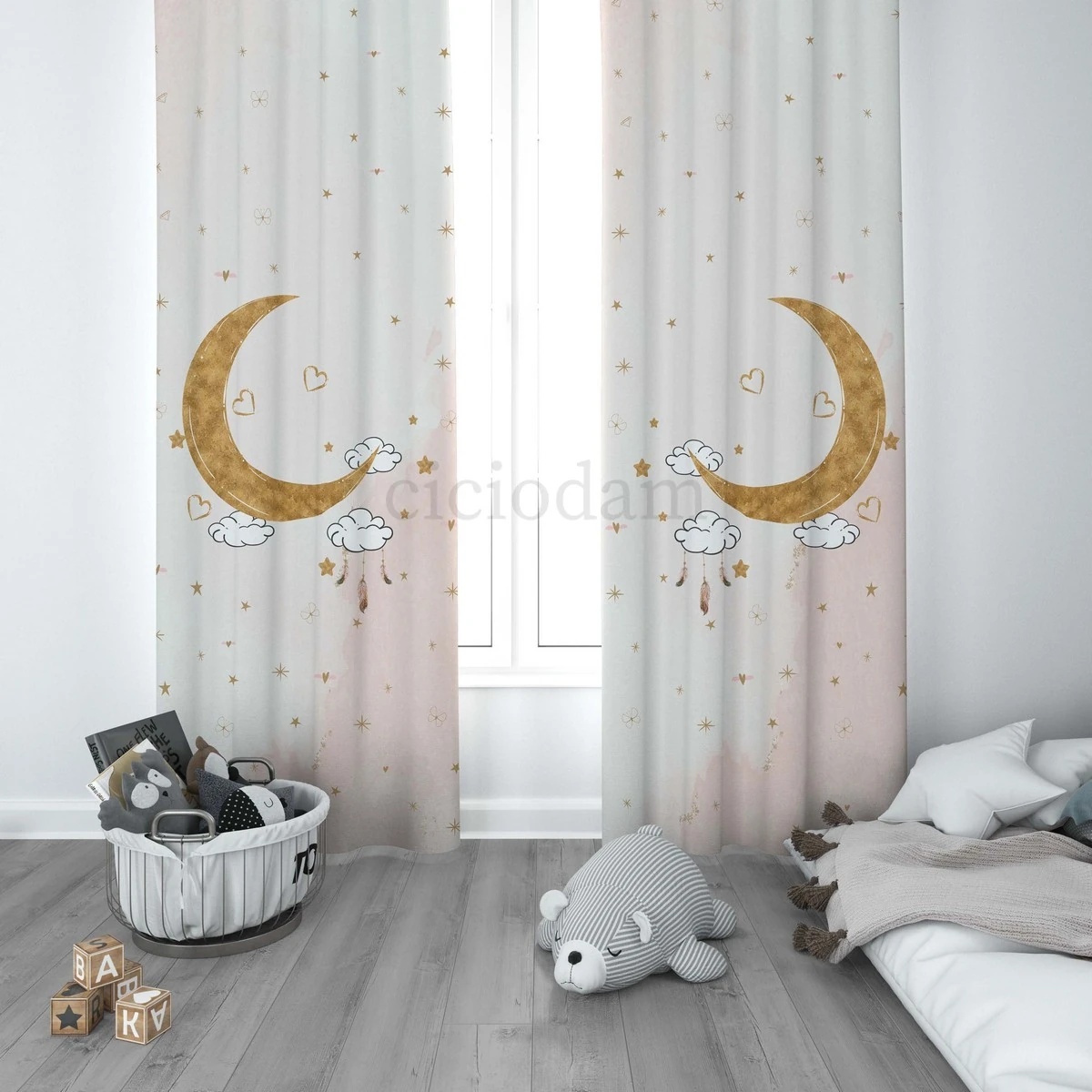 Bulutlar Ay ve Yıldızlar Çocuk Odası Perdesi