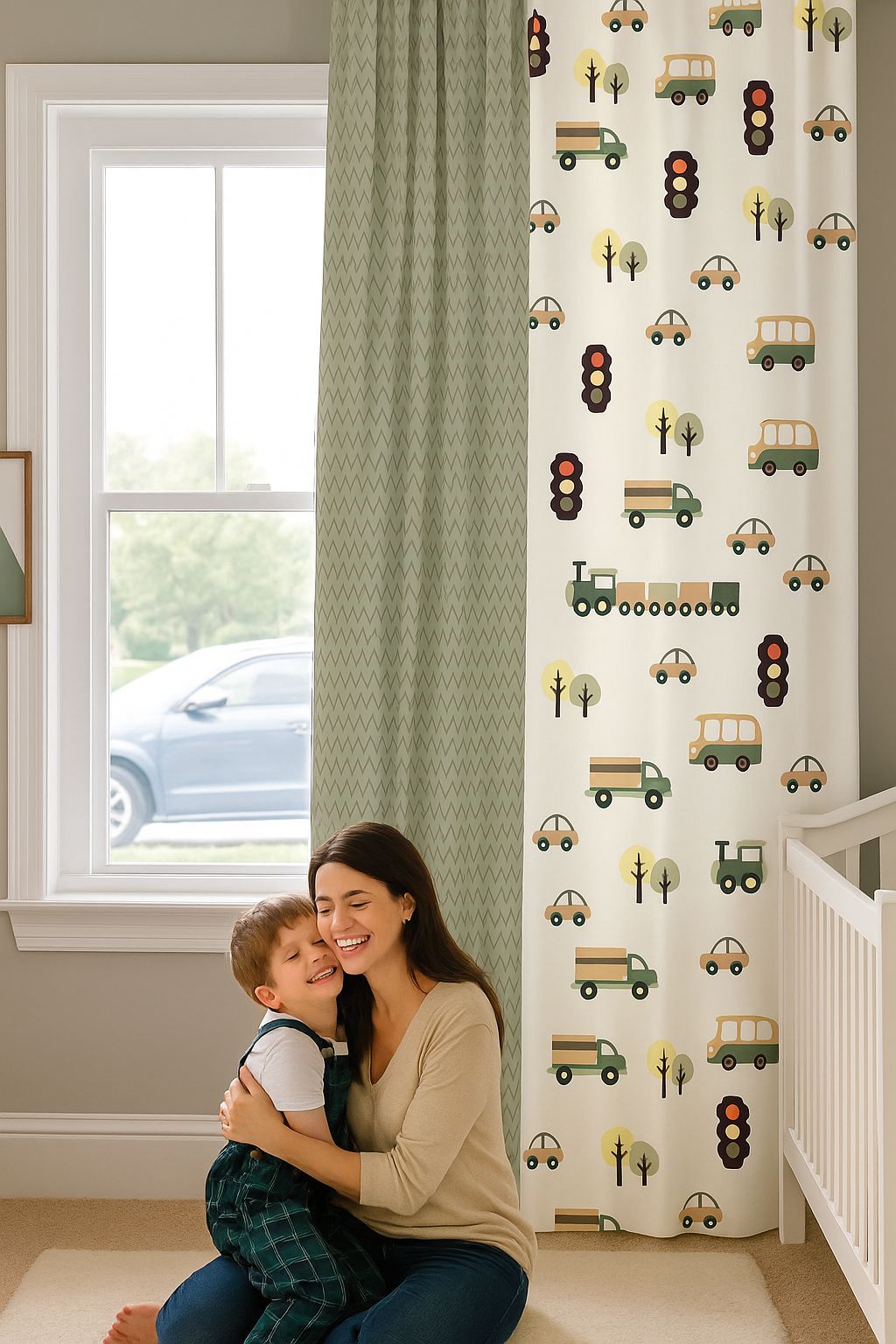 Yeşil Araba Tren Kamyon ve Gri Araba Yol Oyun Çocuk Odası Perdesi