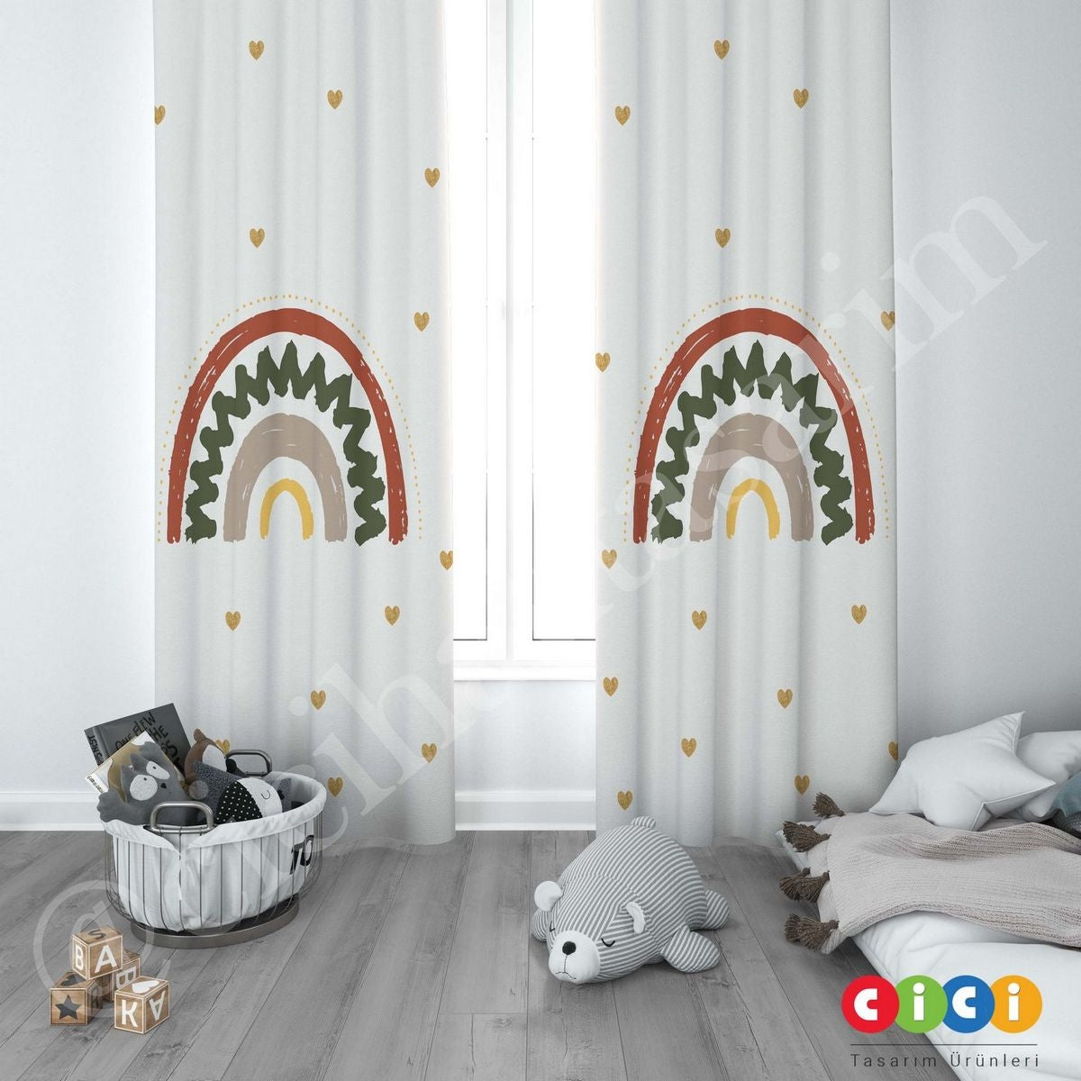Yeşil Gökkuşağı Kalpler Çocuk Odası Perdesi