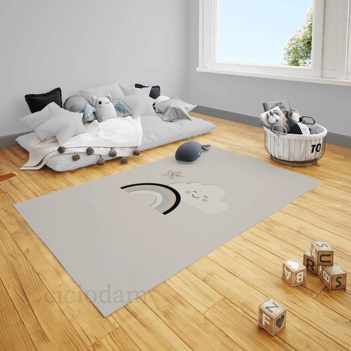 Gökkuşağı Ve Gülen Bulut Yıldız  Çocuk Halısı