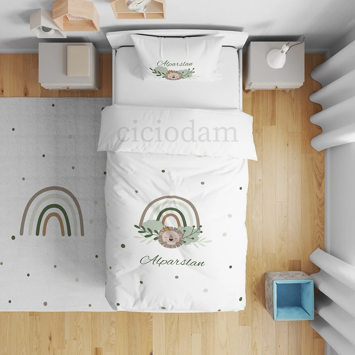 Gökkuşağı Yeşil Dallar Aslan Ve Puantiyeler Yatak Örtüsü