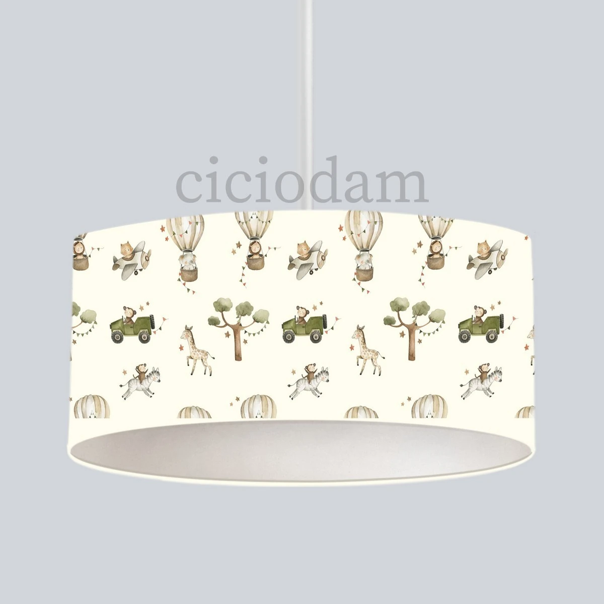 Zürafalı Maymunlu Zebralı Uçan Balonlu Ve Yeşil Arabalı Çocuk Odası Avize