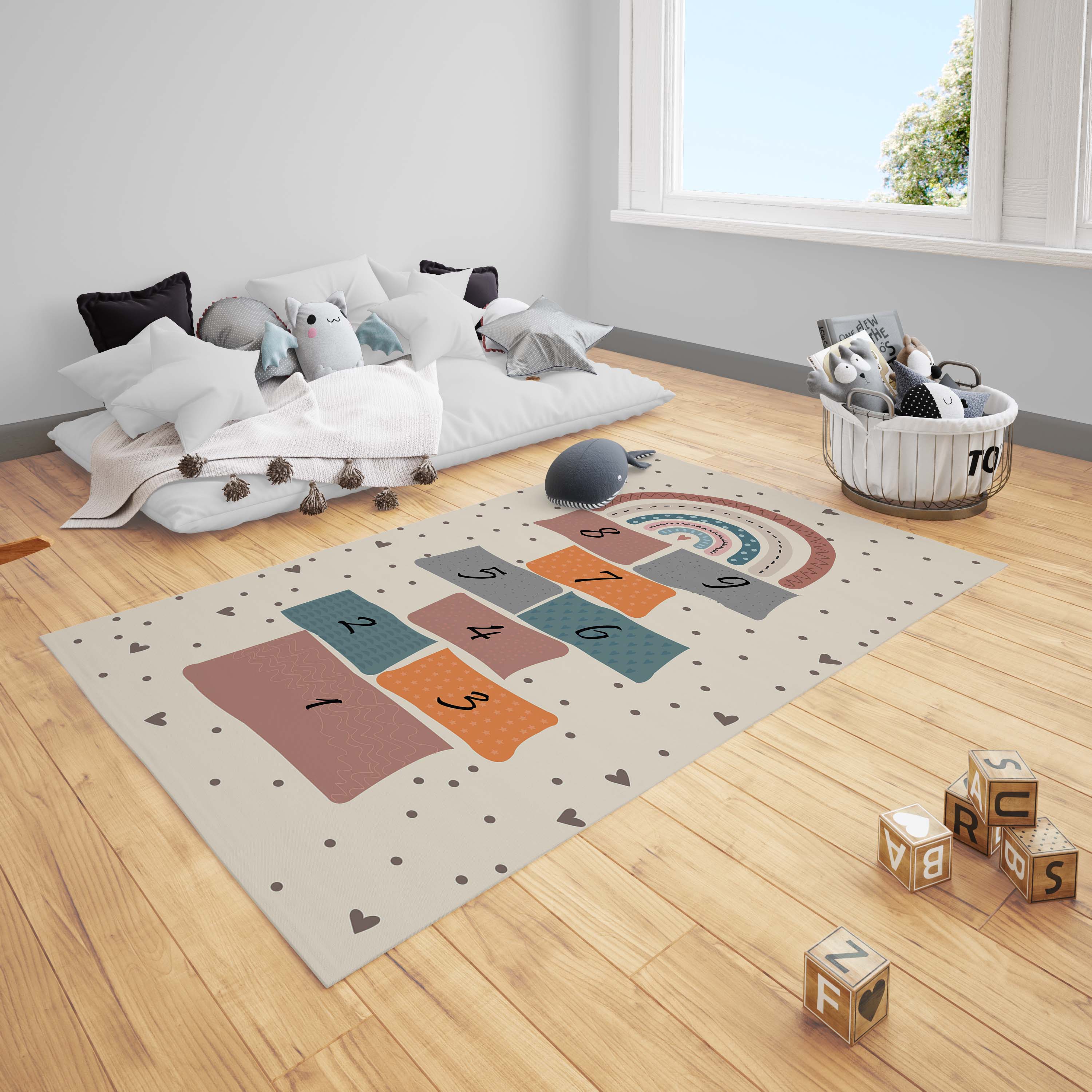 Renkli Gökkuşağı Kalpler Puantiyeler ve Seksek Oyun Çocuk Halısı